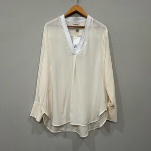 Malene BirgerSilk Long Sleeve Blouse Ivory V-Neck Semi-Sheer Size 44 US XL